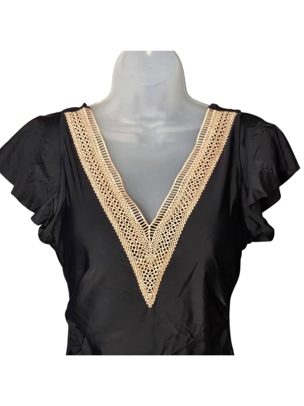 Black Flutter Sleeve One‑Piece Swimsuit L Crochet Trim V‑Neck Tummy Control - Picture 2 of 10